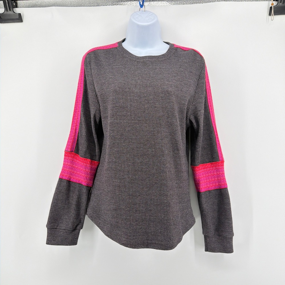 Natural Life Waffle Knit Thermal Top Large Charcoal Gray Pink Striped Sleeve L